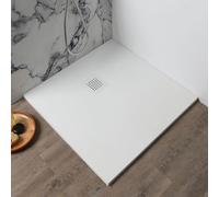 Kiamami Valentina receveur de douche 90x90 cm résine blanc effet pierre | Antidérapant, antibactérien, découpable, épaisseur 2,5 cm, cache bonde inclus, pose à fleur de sol