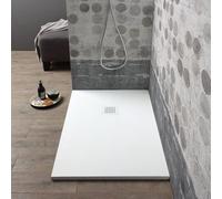 Kiamami Valentina - Receveur de douche en résine 150x80 blanc effet pierre | Antidérapant, antibactérien, épaisseur 2,5 cm, cache bonde inclus, pose à fleur de sol