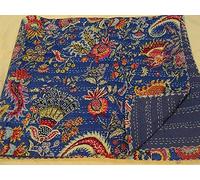 Kiara Couvre-lit indien en coton fait à la main réversible, motif cachemire Kantha, imprimé floral, couvre-lit et couvre-lit à coutures pour lit simple/grand lit (bleu marine)