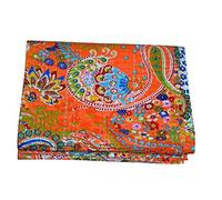 Kiara - Couvre-lit indien fait à la main - Coton Kantha avec imprimé floral cachemire et points - Réversible - Pour lit double, 2 dimensions, Coton, Fruit Orange, Queen Size