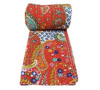 Kiara - Couvre-lit indien fait à la main - Coton Kantha avec imprimé floral cachemire et points - Réversible - Pour lit double, 2 dimensions, Coton, Rouge pomme d'amour, Queen Size
