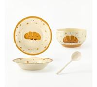 KiBcsLic Assiette Original Vaisselle En Céramique Beige Bol pour Étudiants, Dortoir, Ensemble De 3 Pièces De Pain Grillé Bol À Riz, Assiette De 8 Pouces Et Cuillère