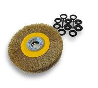 Kibros Brosse circulaire touret laiton dur Ø 200 mm 3 rangs | Fil laiton dur Ø 0,30 mm ondulé, alésage 32 mm + réducteurs bagues 25/22/20/16/12 mm, pour touret ou meuleuse d'établi.