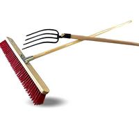 Kibros Ensemble Balai cantonnier PVC 60 cm Fourche 4 Dents Fines Bois | Fumier foin végétaux, nettoyage écurie, balayage terrasse, 2 outils avec manches bois inclus.