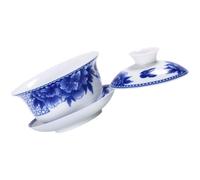 KICHOUSE Bol à Thé en Céramique Bleue et Blanche avec Couvercle et Soucoupe, 180ml, Service à Thé Pratique Maison Bureau