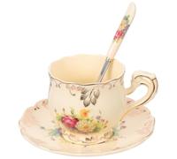 KICHOUSE Coffret Tasse à Café en Céramique 250ml Soucoupe et Cuillère, Design Rétro Chic, Acier Inoxydable, Pratique pour Nouvelle Maison ou Fête