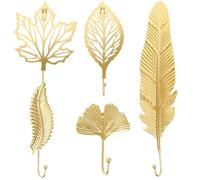 KICHOUSE Crochet Mural Doré en Fer Forme Feuille et Plume, Lot de 5 Pièces, Robuste et Supporte Objets Lourds, Cuisine et Salon