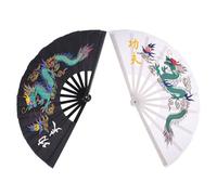 KICHOUSE Éventail Pliant en Plastique et Tissu Motif Dragon pour Tai Chi Kung Fu, Léger et Sonore, pour Danse de Festival et Cosplay, Lot de 2 Pièces