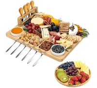 Kicinn Planche Apéro Bois, Plateau Fromage Charcuterie, 4 Couteaux, Bambou | Ensemble avec 6 fourchettes, 2 coupelles, support intégré, 35,5 x 28,5 x 4 cm, tapas, fruits, cadeau crémaillère
