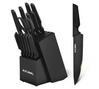 Kicinn Set Couteaux Cuisine 14 Pièces, Bloc Couteaux et Aiguiseur, Noir | Couteaux et ustensiles en acier inoxydable, ciseaux, santoku, chef, pain, steak, passe au lave-vaisselle, 23 x 36 cm