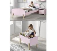Vipack Kiddy Set composé d'un lit simple 90x200 cm, avec sommier à lattes, console de nuit et caisse de jeux, finition MDF laqué rose