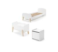KIDDY Lit simple en bois laqué et brut et sommier + Chevet 1 porte + Coffre à jouets Blanc