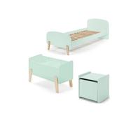KIDDY Menthe Lit simple en bois laqué et brut et sommier + Chevet 1 porte + Coffre à jouets