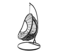 KIDEO Ensemble complet : grand fauteuil suspendu avec armature et coussin, fauteuil suspendu gris, pour l'intérieur et l'extérieur, en polyrotin, anthracite (coussin : nid fleuri noir/blanc (9800