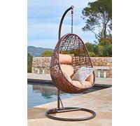 KIDEO® Fauteuil suspendu avec armature et coussin d'assise - Meubles lounge en résine tressée - Fauteuil basculant (marron/beige)
