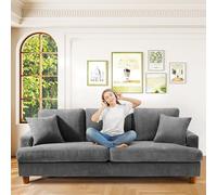Kidirect Canapé Confortable en Velours côtelé de 221CM, 53 cm Siège Extra Profond, Montage sans Outils, Grand canapé 3 Places avec 2 Coussins, Canapé Moderne pour Chambre à Coucher, Gris
