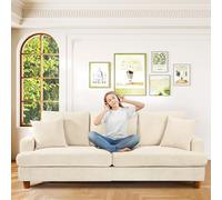 Kidirect Canapé Confortable en Velours côtelé de 221CM, 53 cm Siège Extra Profond, Montage sans Outils, Grand canapé 3 Places avec 2 Coussins, Canapé Moderne pour Chambre à Coucher, Beige