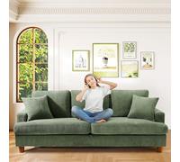 Kidirect Canapé Confortable en Velours côtelé de 221CM, 53 cm Siège Extra Profond, Montage sans Outils, Grand canapé 3 Places avec 2 Coussins, Canapé Moderne pour Chambre à Coucher, Vert forêt