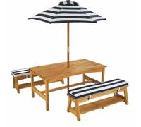 KidKraft Table et Bancs de Jardin pour Enfant avec Coussins et Parasol, Salon de Jardin extérieur en Bois pour Enfants, Rayé Bleu Marine et Blanc, 00106