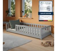 Lit d'enfant Lit de sol 80x160 cm avec protection contre les chutes, matelas & sommier Montessori Lit Lit à barreaux Enfants Lit d'adolescent Lit simple | Gris cendré | de 3 à 10 ans