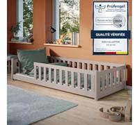 Kids Collective Lit au Sol pour Enfants 90x200 cm - Matelas Inclus - avec barrière de Protection et sommier à Lattes - Lit Simple Montessori avec barrières pour garçons | Cachemire