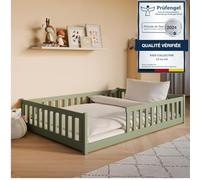 Lit de sol Lit avec protection contre les chutes & sommier Montessori Lit d'enfant à barreaux Lit d'adolescent Vert olive Bois massif Garçon Fille 140x200