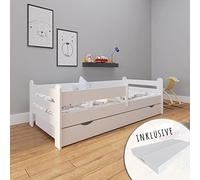 Lit d'enfant 80x160 cm avec matelas, protection contre les chutes, tiroir & sommier à lattes en blanc 160 x 80 cm filles garçons lit adolescent lit simple