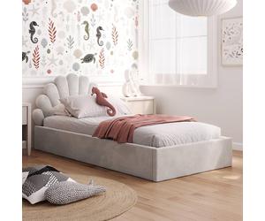 Kids Collective Lit d'enfant Lit rembourré 90x200 cm Lit d'enfant avec sommier à lattes et cadre métallique | Coffre de lit avec vérins à gaz, tête de lit en forme de coquillage | de 4 à 18 ans | Gris