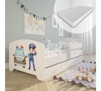 Lit d'enfant 80x160 cm avec matelas et tiroir, protection contre les chutes & sommier à lattes en blanc avec motif police Lit complet Lit d'adolescent Lit simple en bois