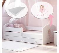 Lit d'enfant 70x140 cm avec matelas et tiroir, protection contre les chutes & sommier à lattes en blanc avec motif princesse Lit complet Lit d'adolescent Lit simple en bois