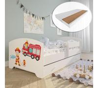Lit d'enfant 80x160 cm avec matelas et tiroir, protection contre les chutes & sommier à lattes en blanc avec motif de pompiers Lit complet Lit d'adolescent Lit simple en bois