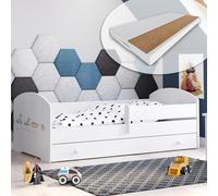 Lit d'enfant 80x160 cm avec matelas et tiroir, protection contre les chutes & sommier à lattes en blanc avec motif dinosaure Lit complet Lit d'adolescent Lit simple Bois