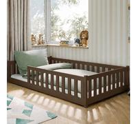 Lit d'enfant au sol 120 x 200 cm avec barrière de sécurité et sommier à lattes Lit Montessori Lit à barreaux Lit pour enfants et adolescents Lit simple | Chocolat noir