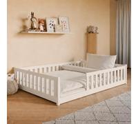 Lit d'enfant au sol 140 x 200 cm avec barrière de sécurité et sommier à lattes Lit Montessori Lit à barreaux Lit pour enfants et adolescents Lit simple | Coton