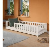 Lit d'enfant au sol 80 x 160 cm avec barrière de sécurité, matelas et sommier à lattes Lit Montessori Lit à barreaux Lit pour enfants et adolescents Lit simple | Coton