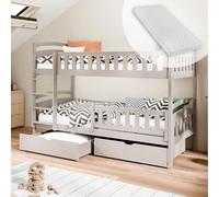 Lit superposé 90x200 cm avec deux tiroirs, sommier à lattes, protection contre les chutes, transformable en deux lits simples, en bois massif blanc