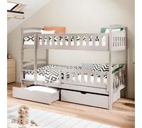Lit superposé 90x200 cm avec deux tiroirs, sommier à lattes, protection contre les chutes, transformable en deux lits simples, en bois massif blanc