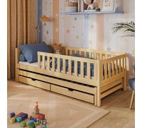 Lit d'enfant avec lit gigogne et deux tiroirs, protection contre les chutes et sommier à lattes, lit d'enfant | Autres dimensions : 80x180, 90x190, 90x200cm | 80x160 cm : de 3 à 10 ans, naturel