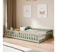 Kids Collective Lit pour Enfant avec Protection Anti-Chute et sommier à Lattes Montessori - Lit Simple - 140 x 200 cm - Vert Olive