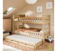 Lit superposé, lit mezzanine, lit pour enfant 90 x 200 cm avec lit gigogne et tiroirs ; transformable en 3 lits simples avec sommiers à lattes et barrières de sécurité, couleur naturelle