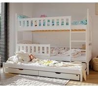 Lit mezzanine 90x200 cm avec lit gigogne Lit superposé avec deux tiroirs, sommier à lattes, protection contre les chutes, transformable en trois lits simples, en bois massif blanc