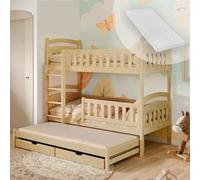 Kids Collective Lit superposé 90x200 pour Enfants et Adolescents - 3 couchages avec tiroirs, Convertible en 3 Lits Simples | de 4 à 16 Ans | sommiers et 3 Matelas Inclus | Bois Naturel