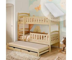 Kids Collective Lit superposé 90x200 pour Enfants et Adolescents - 3 couchages avec tiroirs, Convertible en 3 Lits Simples | de 4 à 16 Ans | sommiers et 3 Matelas Inclus | Bois Naturel