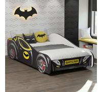 Lit de voiture 70x140 cm Lit d'enfant Lit d'adolescent avec protection contre les chutes | Lit de jeu pour enfants Batman Batmobile Bat Car Lit de voiture en noir
