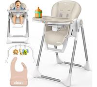 KIDUKU® Chaise Haute Bébé 3en1 avec Réducteur Nouveau-né & Bavoir | Chaise d'alimentation Évolutive Pliable avec Arche de Jeu | Chaise Haute Réglable en Hauteur 7 Positions pour 0-36 Mois (Beige)