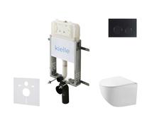 kielle Genesis New - Set bâti support, WC compact Gaia, sans rebord, abattant softclose et bouton-poussoir Gemini New II, noir mat 30528SZ87