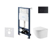kielle Genesis New - Set bâti support, WC compact Oudee, Vortex Rimless+, abattant softclose et bouton-poussoir Gemini New II, noir mat 30528SS42