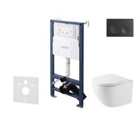 kielle Genesis New - Set bâti-support, WC compact Oudee, Vortex Rimless+, abattant softclose et bouton-poussoir Gemini New I, noir mat 30528SS39
