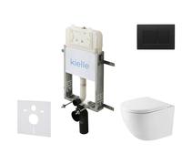 kielle Genesis New - Set bâti support, WC compact Oudee, Vortex Rimless+, abattant softclose et bouton-poussoir Gemini New III, noir mat 30528SZ45