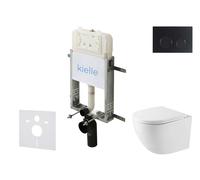 kielle Genesis New - Set bâti support, WC compact Oudee, Vortex Rimless+, abattant softclose et bouton-poussoir Gemini New II, noir mat 30528SZ42